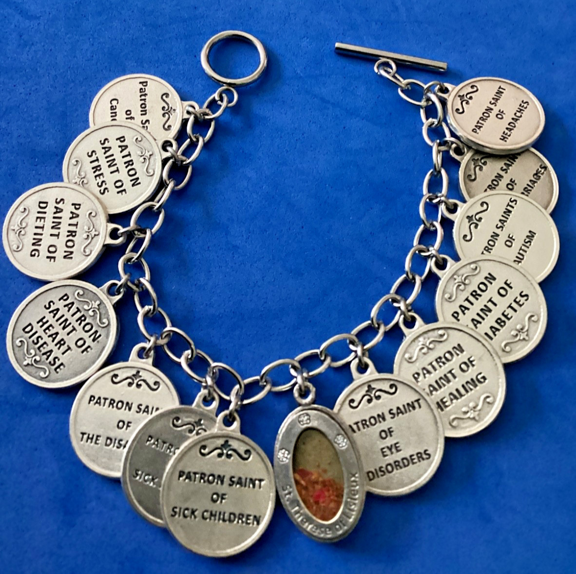 Custom Religious Catholic Saint Medal Charm Bracelet HEALING SAINTS Therese Rose