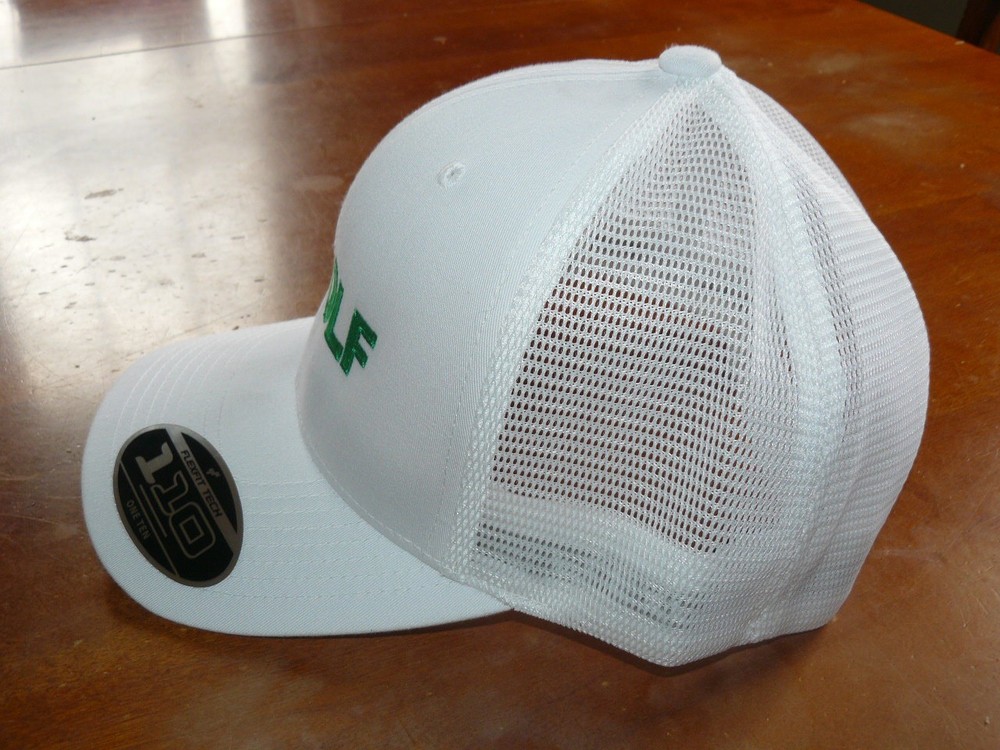 LA GOLF logo Hat, Structured, White/Green, Adjustable, Flexfit Tech 110, NWT