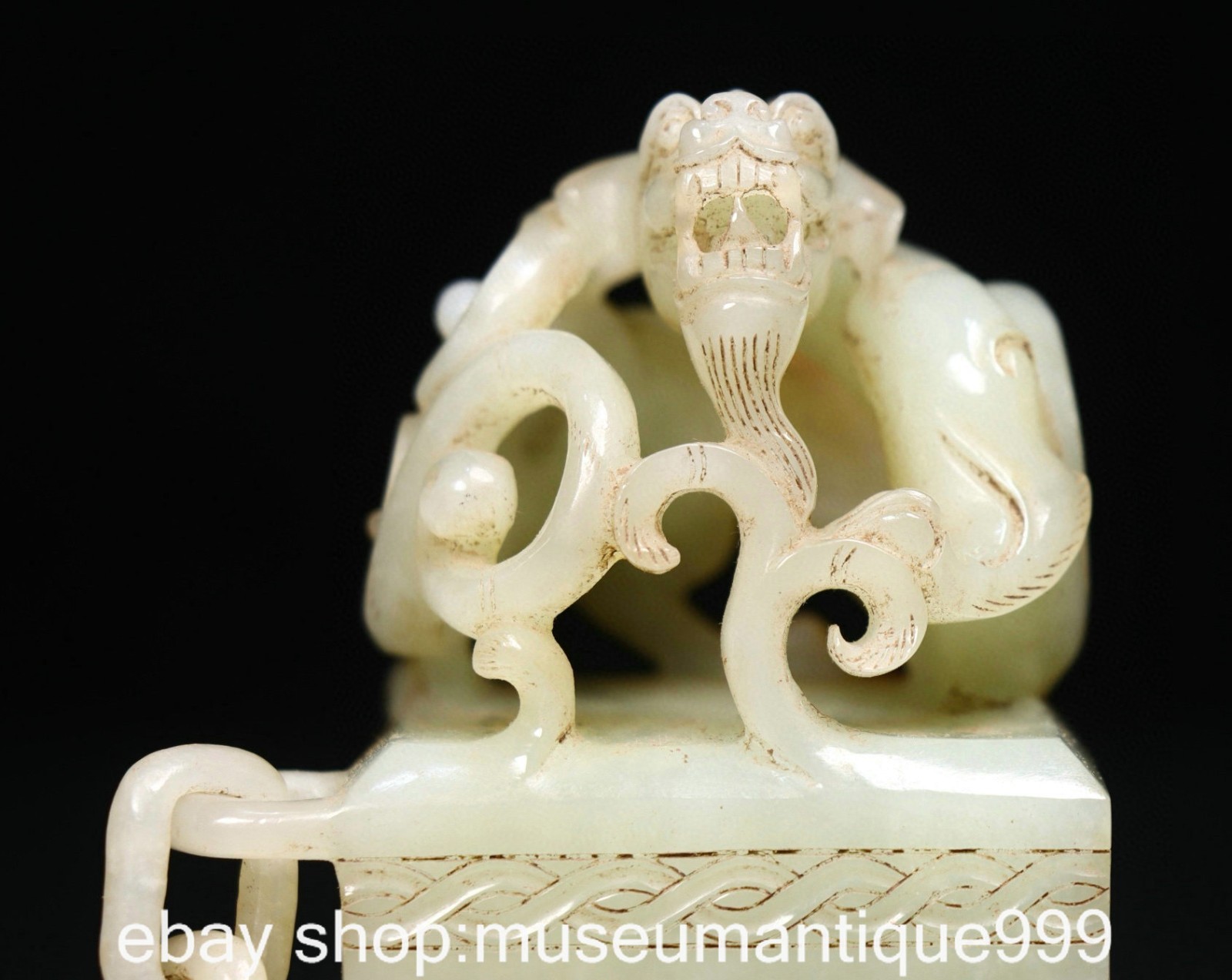 3.8" Old Chinese Hetian White Jade Carving Dragon Beast Seal Stamp Signet Set