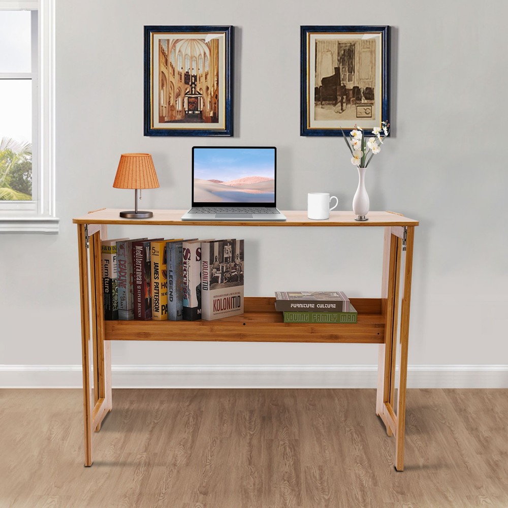 Folding Computer Desk, Modern Writing Table &Storage Shelf Home Office Work Desk