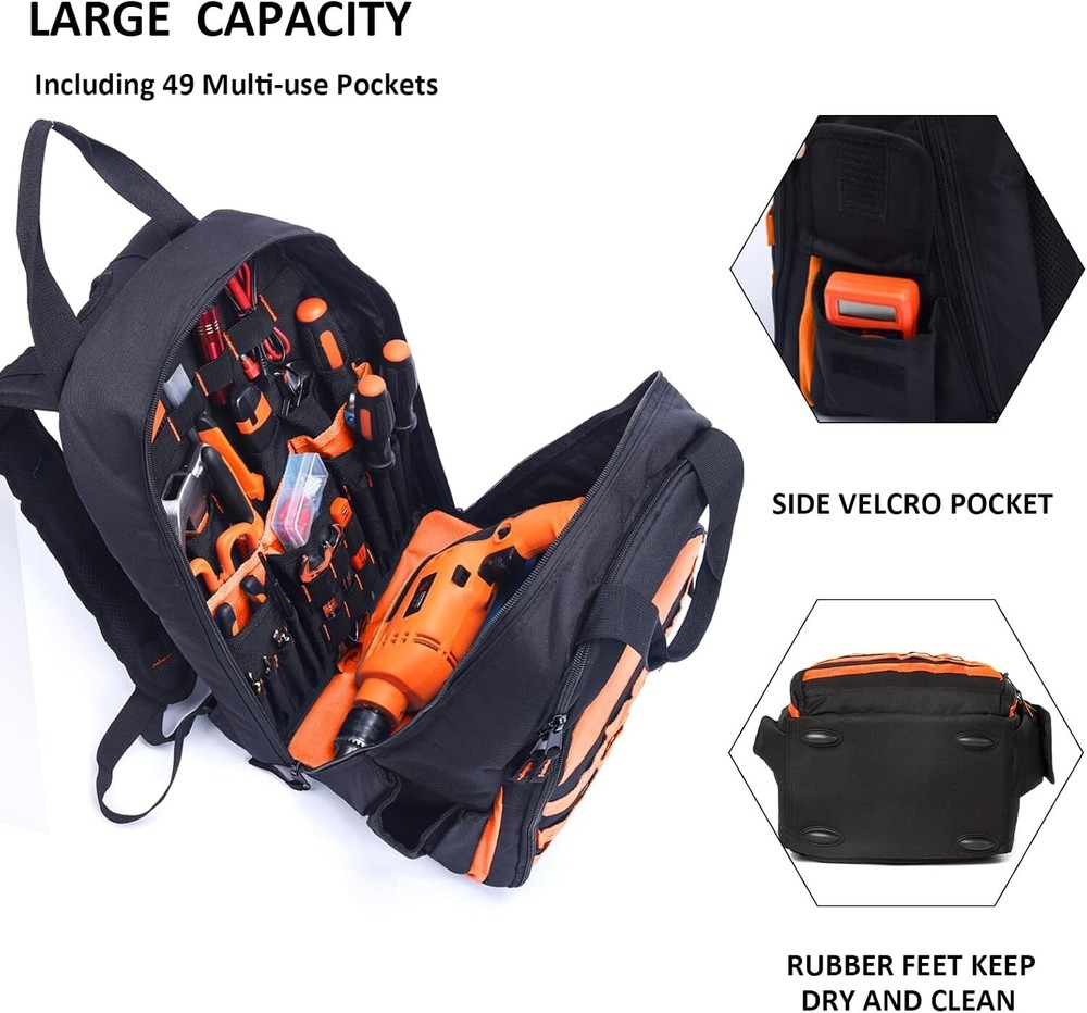 Multi-Use Tool Bag Backpack - 16'' for Electrician & Construction Professionals