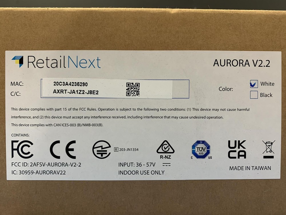 RetailNext Aurora V2.2 IN Store Analytics High Def Camera Sensor - White