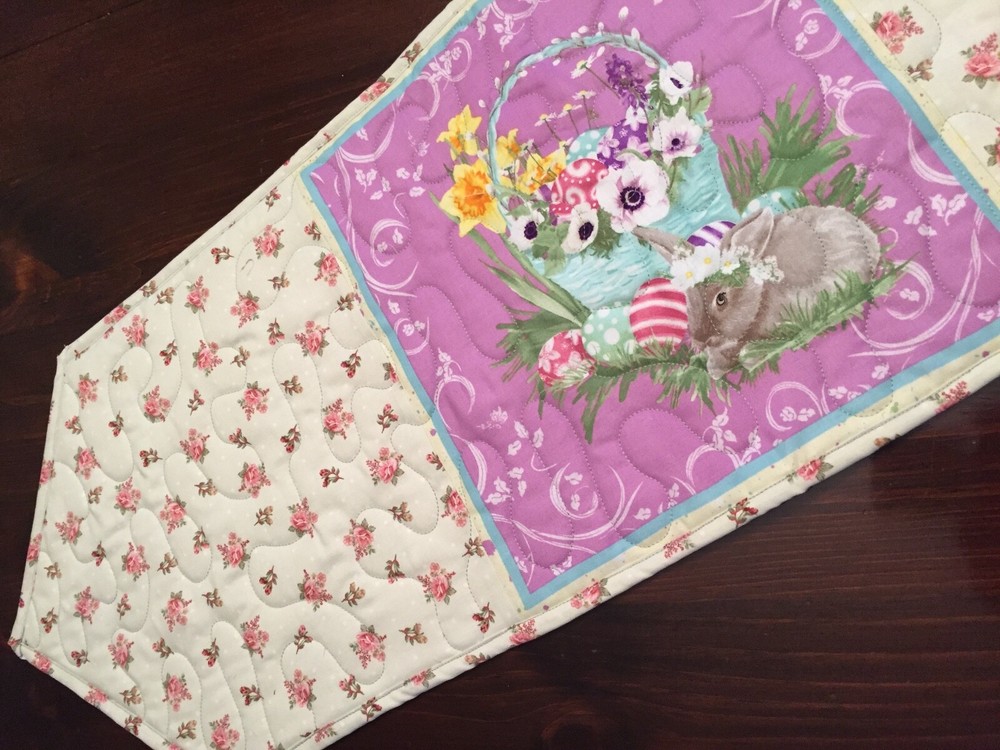 Handcrafted-Quilted Table Runner-Easter Print - Easter Bunny, Flower Print Sides