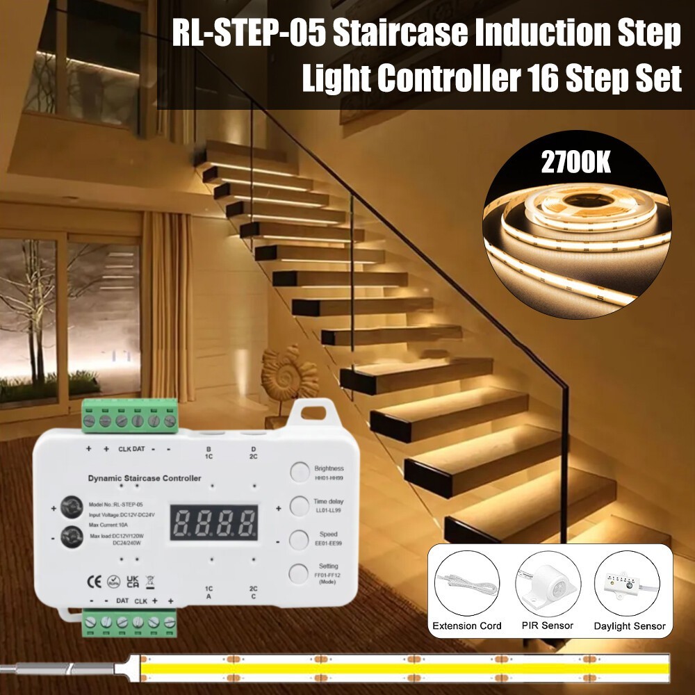 16 Steps-LED Strip Light Stair Lighting Controller Motion Sensor System Full Set