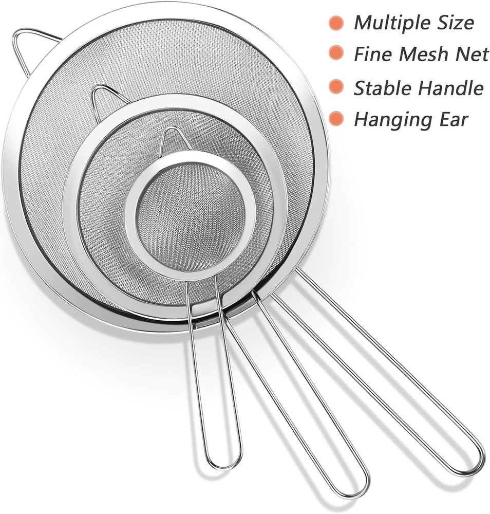 3Pcs Super Wire Extra Fine Mesh Strainer with Handle, Small Medium Silver