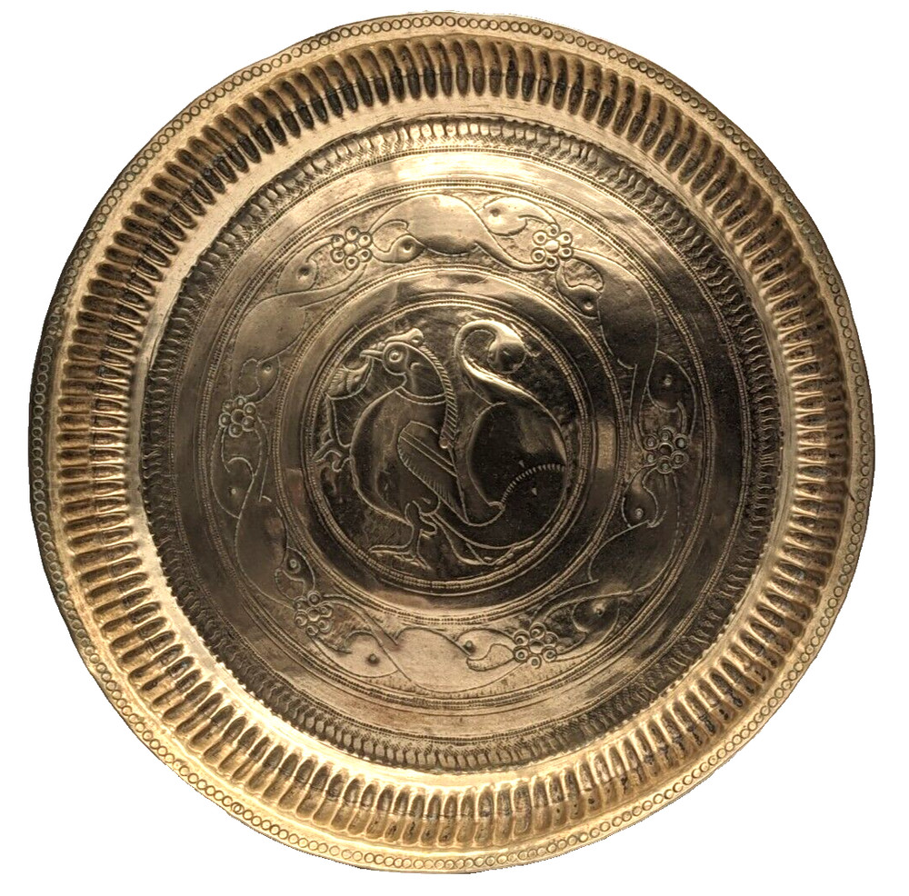 Antique Islamic Indian Engraved Solid Brass Tray Birds
