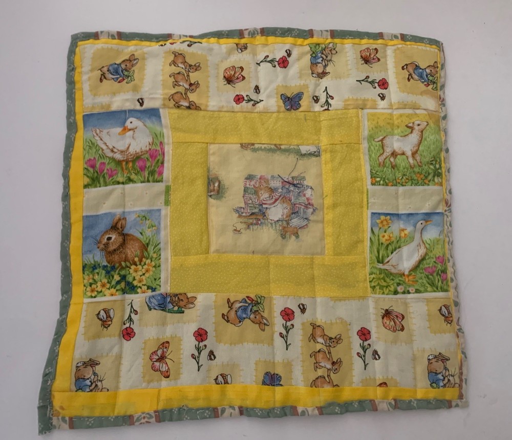 Handmade Patchwork Doll Quilt for Baby Doll 14” X 14” Bunnies Lamb Spring Easter