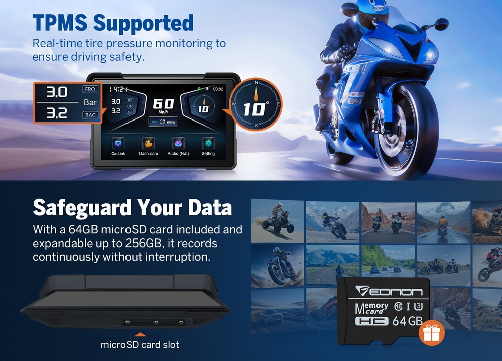 Eonon P6 Motorcycle Navigator Wireless CarPlay Android Auto 4K with Dual Camera