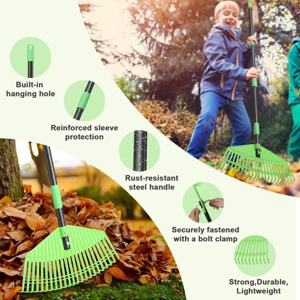 Plastic Leaf Rake with Adjustable 65'' Handle - Lightweight Outdoor green
