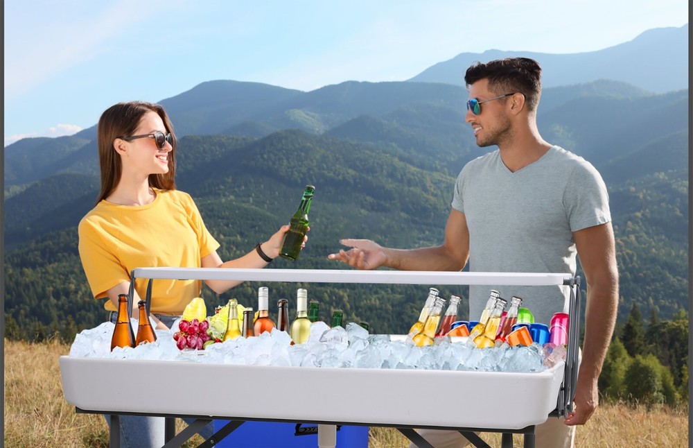4 ft Folding Ice Cooler Table, Outdoor Party Table, Two-Tiered Camping Table