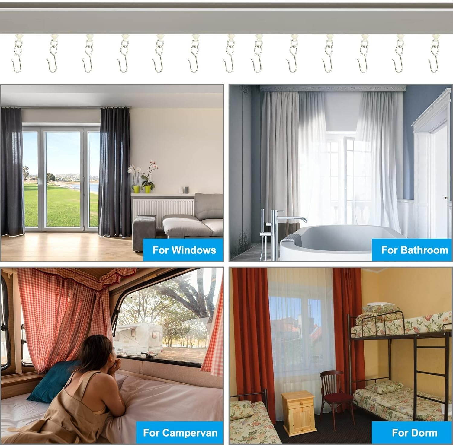 80 Pcs Curtain Hooks and Gliders Window Curtain Bathroom Shower Stainless Steel