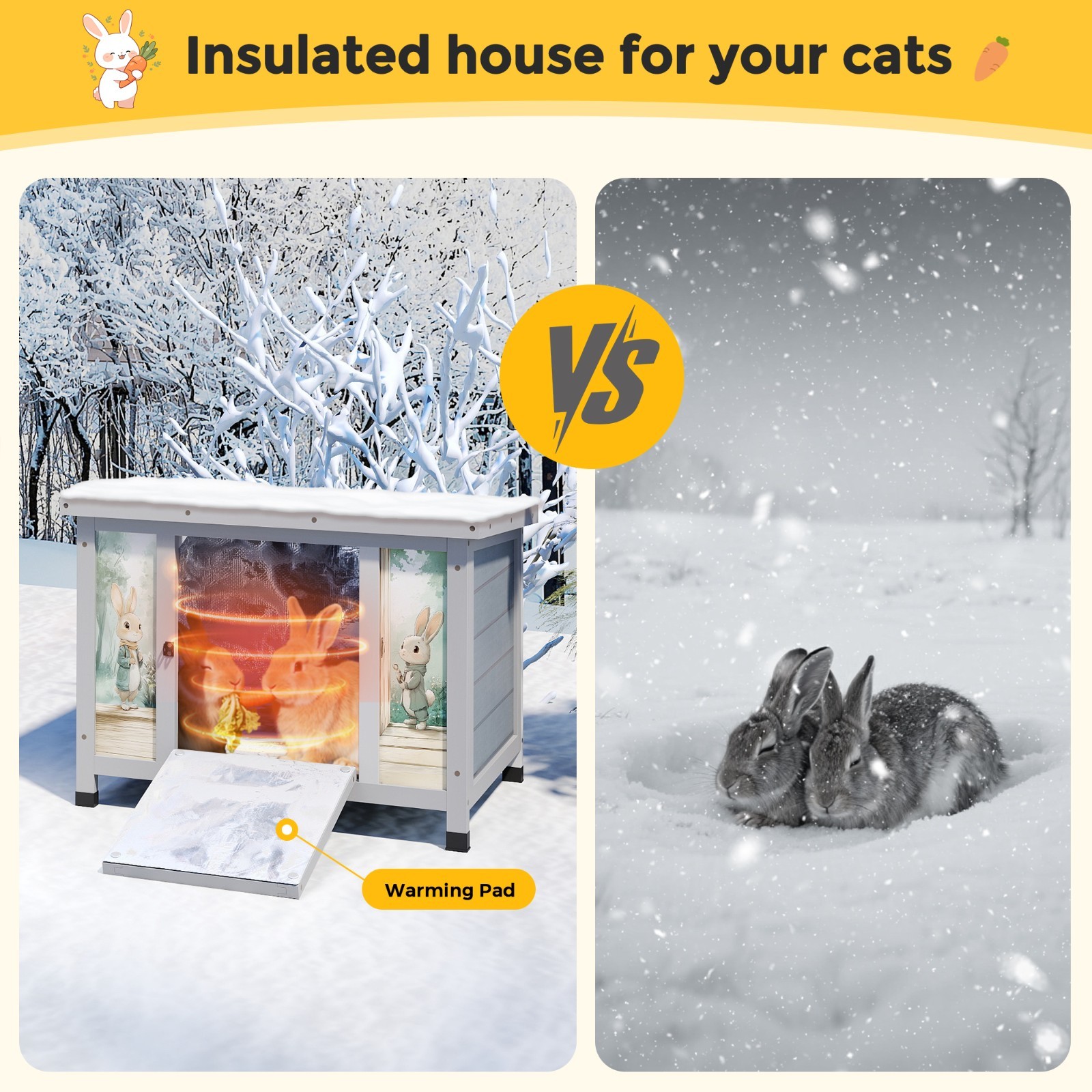 Heated Cat House Outdoor Indoor - 24in Insulated Rabbit Cage w/ Warm Liner