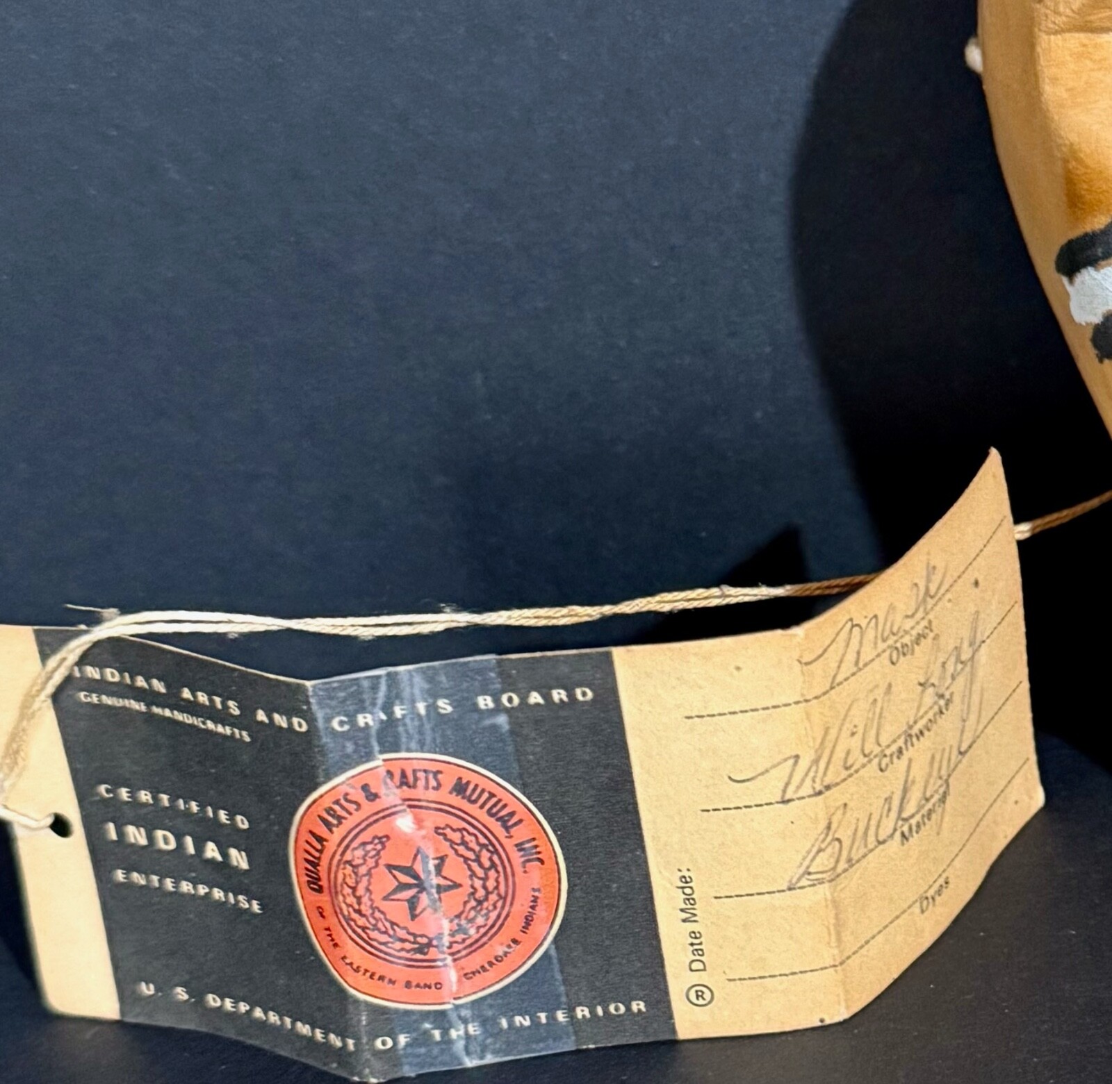 WILL LONG CHEROKEE BUCKEYE “WARRIOR” MASK, ORIGINAL QUALLA TAG, MINT!