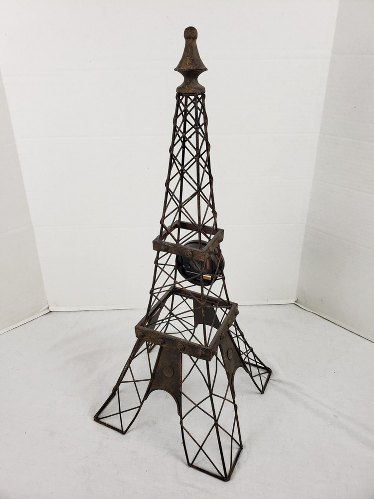 Eiffel Tower Wire Sculpture Statue with Working Clock 25" Rustic