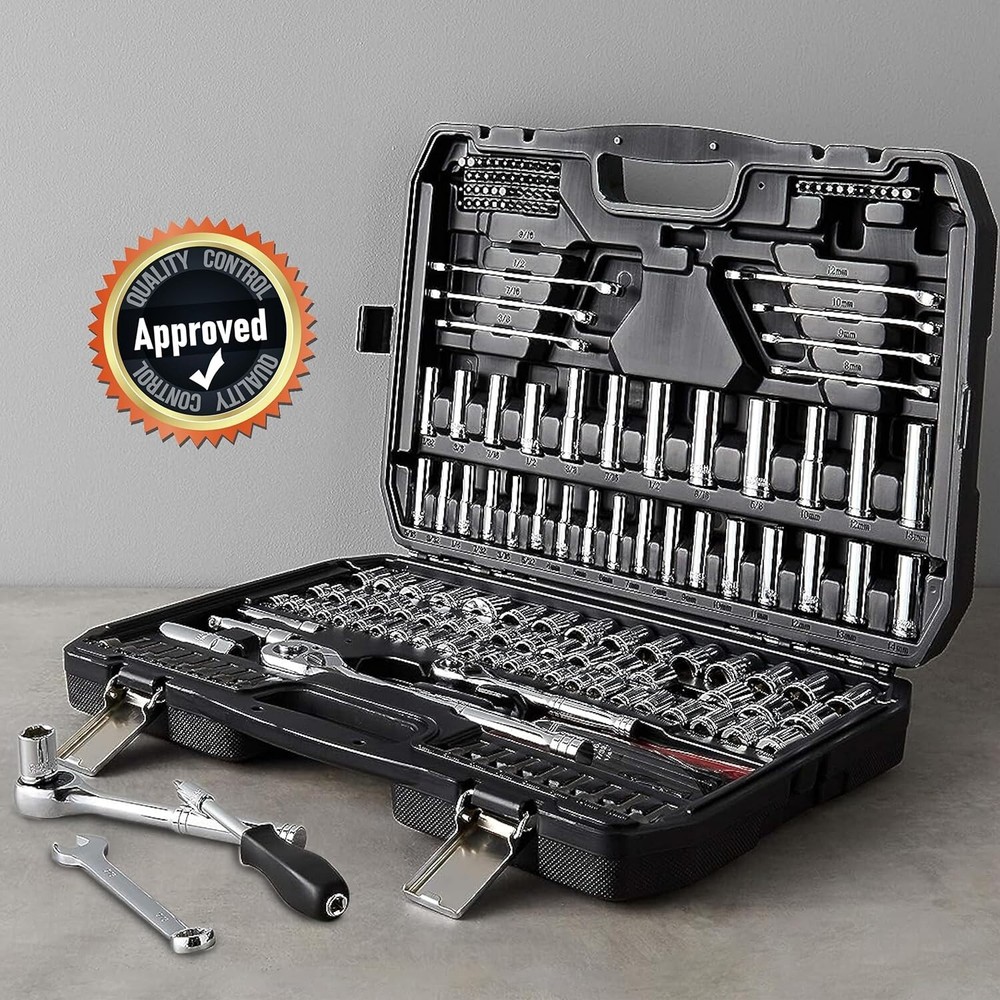201-Piece Socket Set - Metric & SAE Sizes - Chrome-Vanadium Steel - Durable Case