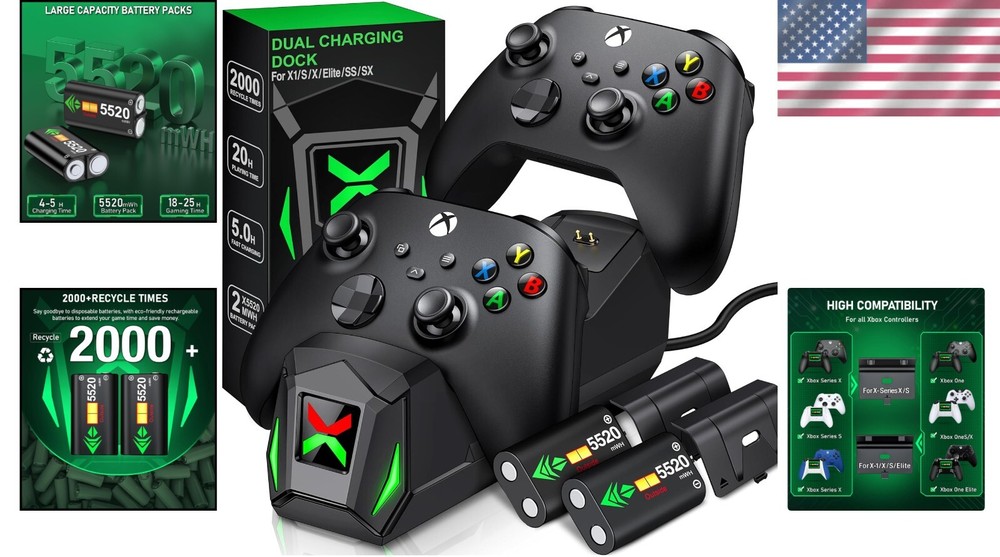 Dual Charging Dock for Xbox Controllers - 2x5520mAh Batteries & LED Indicators