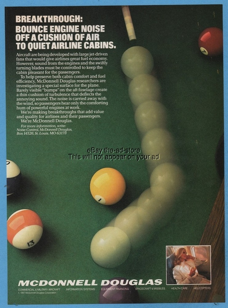 1987 McDonnell Douglas St Louis quiet airline cabin Pool table billiard photo ad
