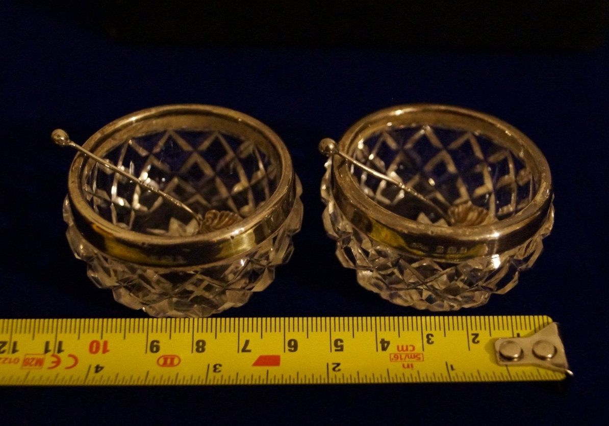 Antique pair of sterling silver and cut glass salts with spoons - Complete Set