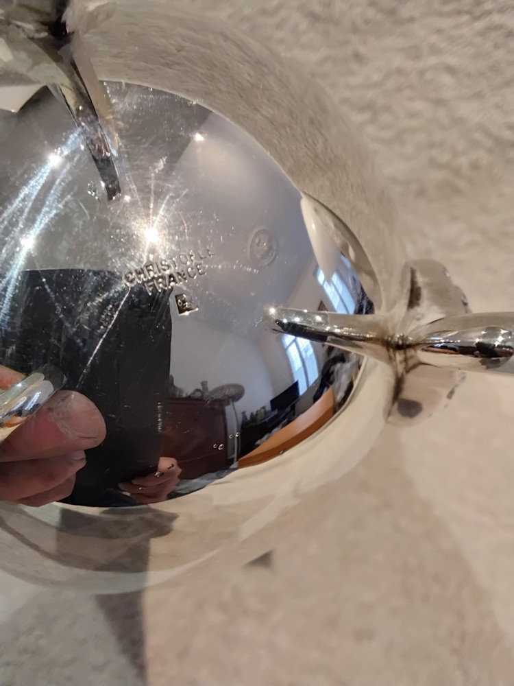 Magnifcent 1990 silver-plated tripod coffee pot Christofle Malmaison variant