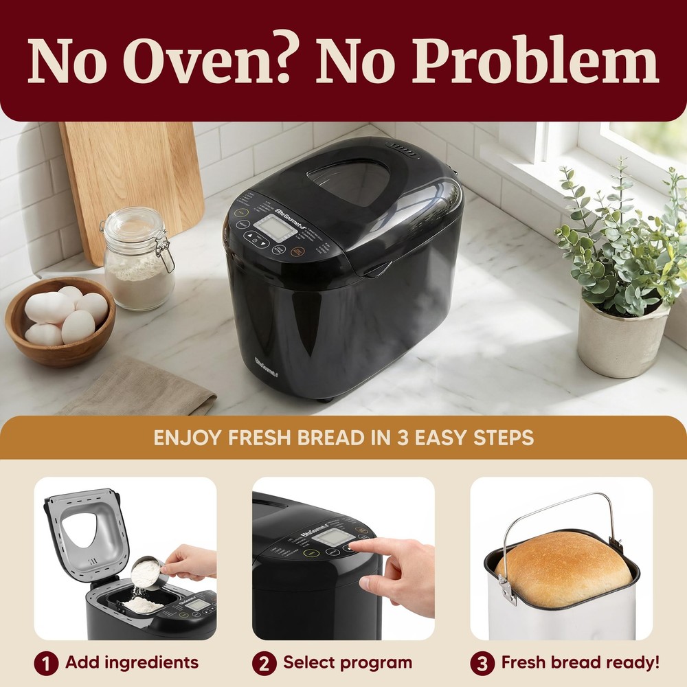 Programmable Bread Maker, 2 lb Loaf, 3 Sizes, 19 Presets incl. Gluten-Free, D...