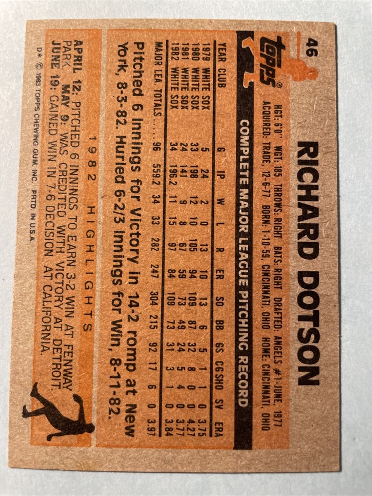 RICHARD DOTSON 1983 Topps #46 MLB White Sox AUTOGRAPHED