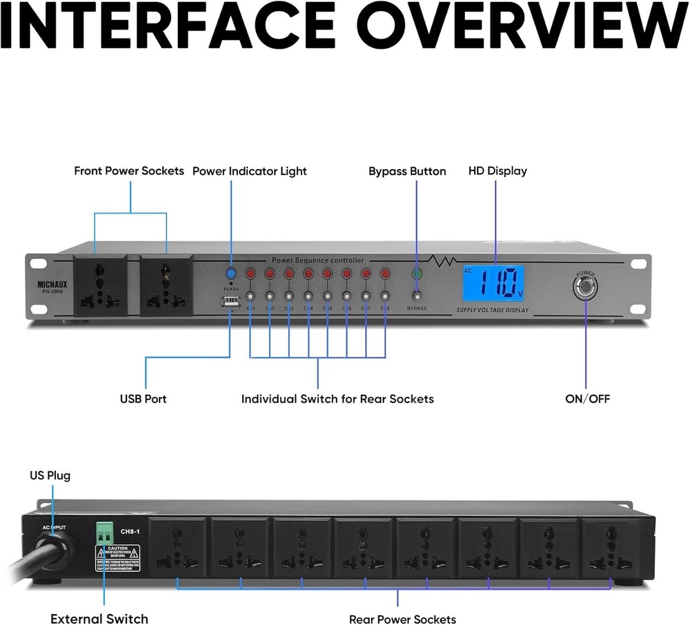 Rack Mount Sequencer Surge Protector 2000W 10 Outlets--