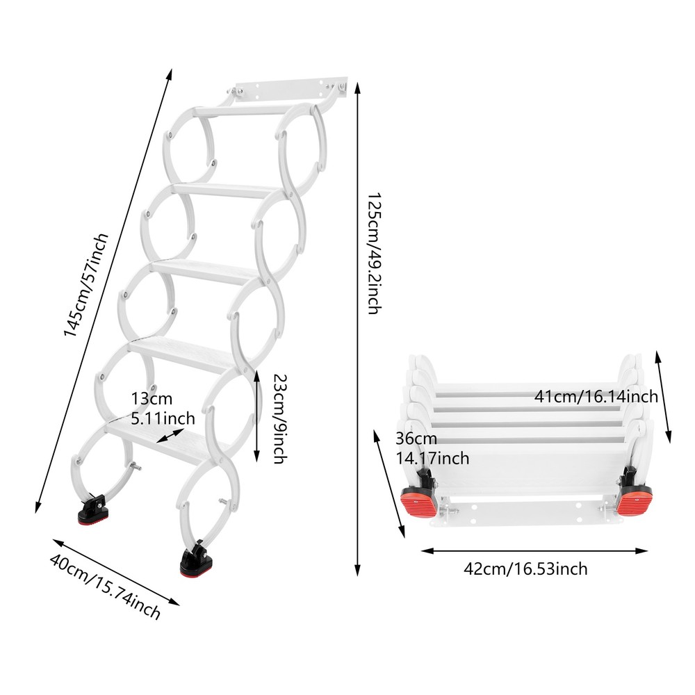 5-Step Wall Mounted Folding Ladder, Retractable Telescoping Step Folding Stair