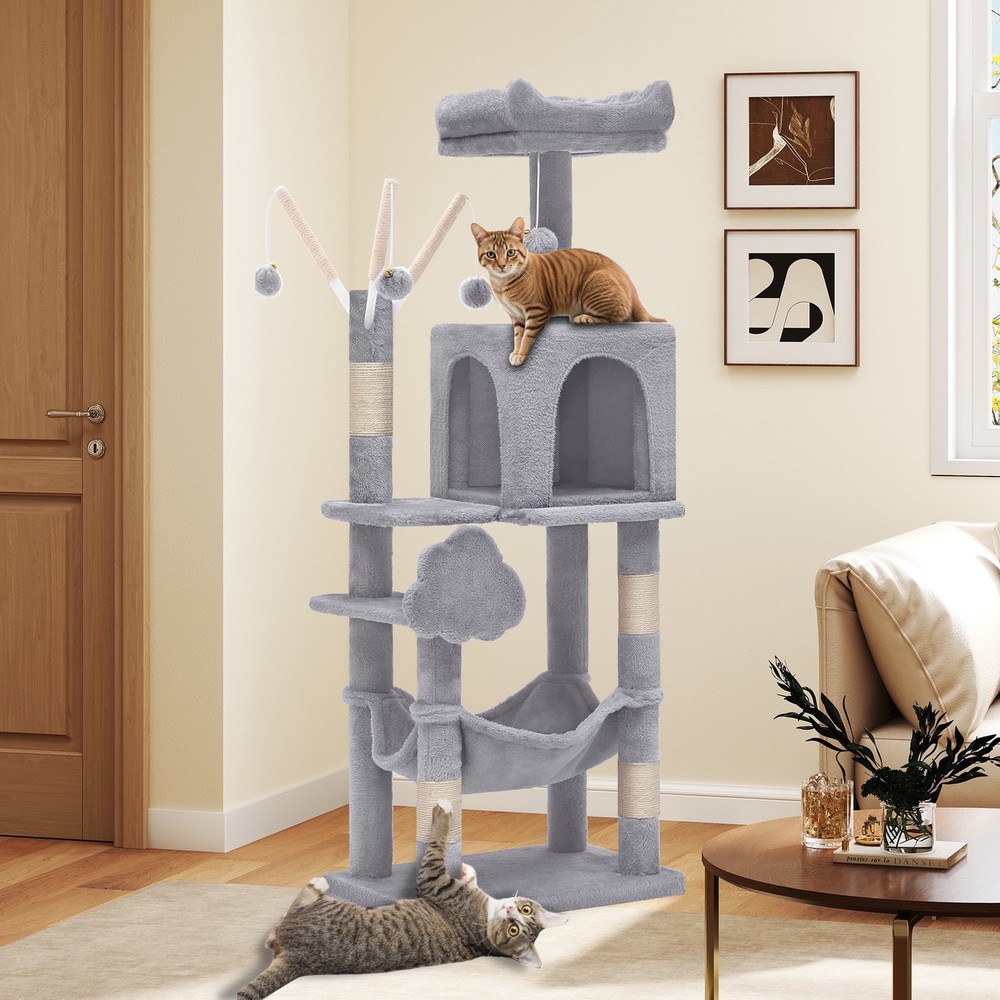 44" Cat Tree Tower, with Scratch Posts, Condo, Hammock, Toys, Light Gray