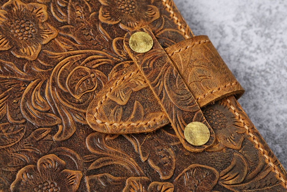Tooled leather A5 6 ring binder planner , real leather refillable travel journal