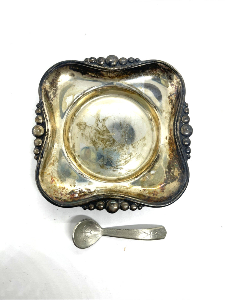 Antique Silver Plated Open Salt Cellar with Spoon