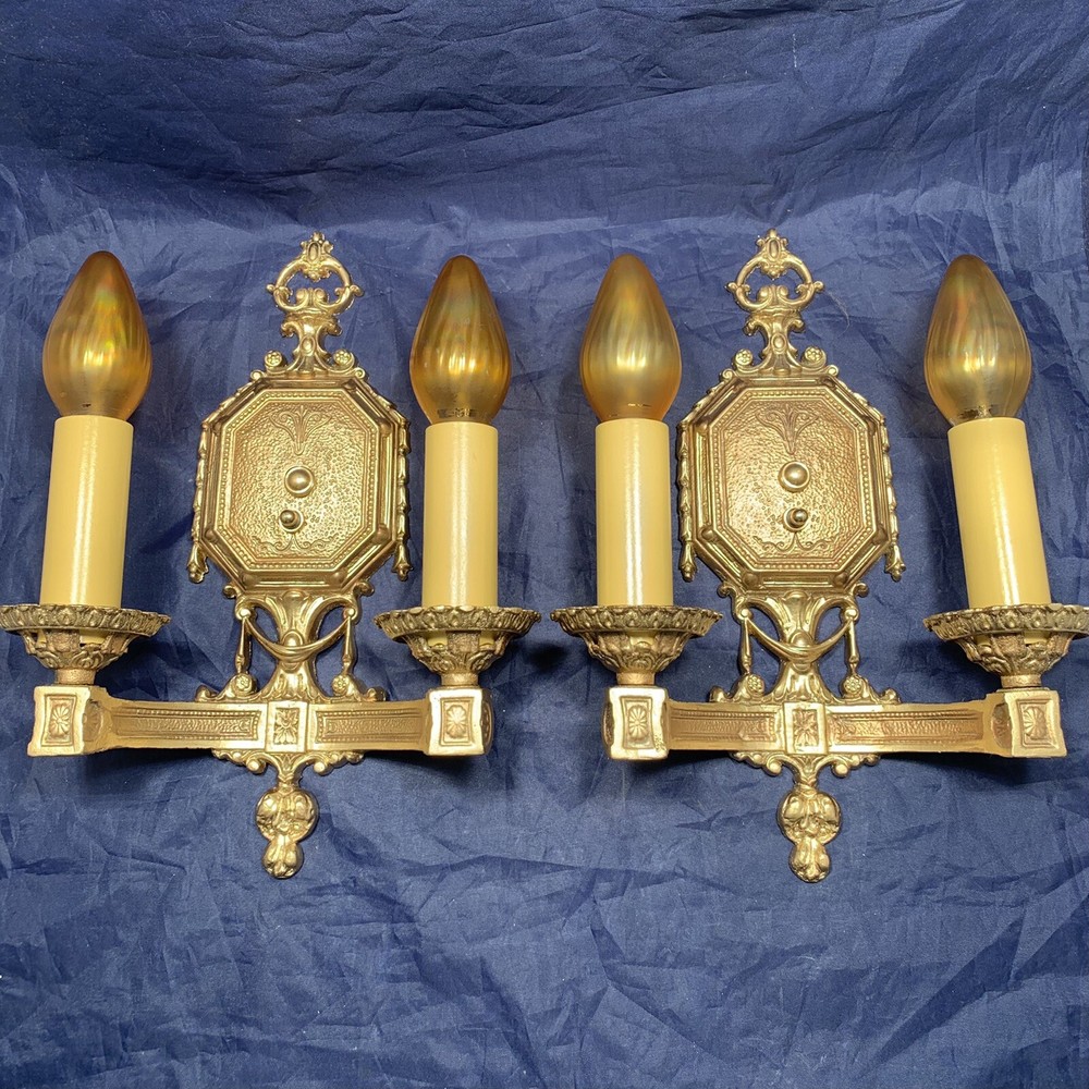 Nice Pair Antique Wall Sconce Two Arm Sconces Rewired Polychrome Finish 50J