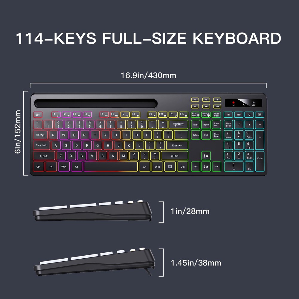 Wireless Keyboard with 7-Color RGB Backlit, Full-Size Computer Keyboard with ...