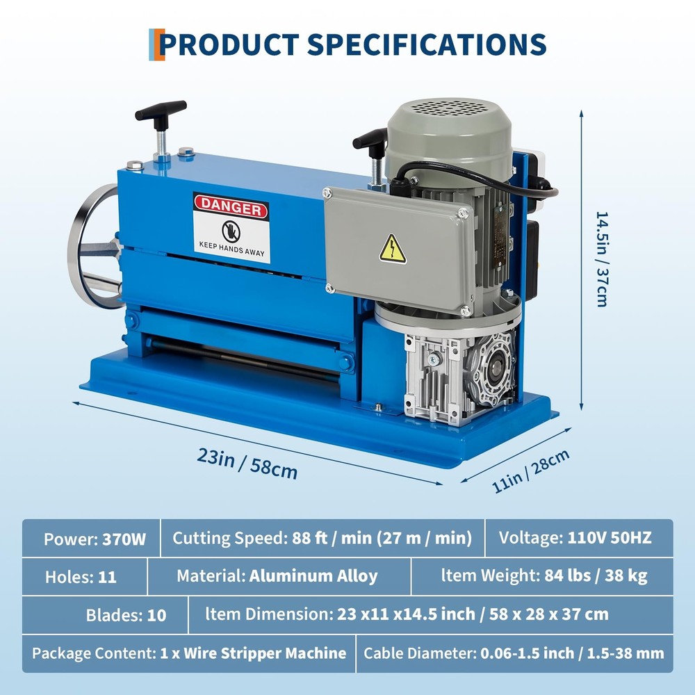Wire Stripper Machine 0.06" - 1.5" Automatic Wire Stripper w/88 Feet/Minute 370w