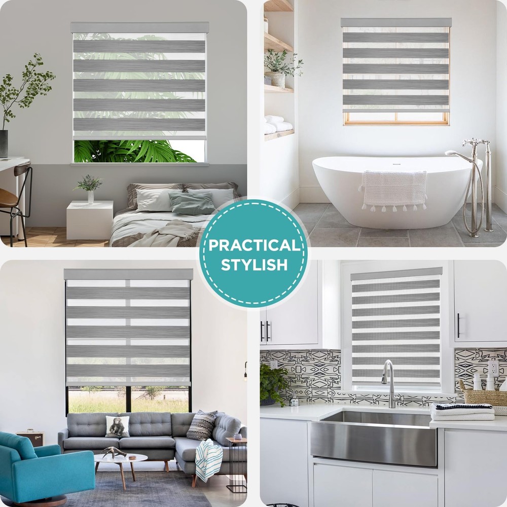 Cordless Zebra Blinds for Windows, Dual Layer Light Control Window Blinds wit...