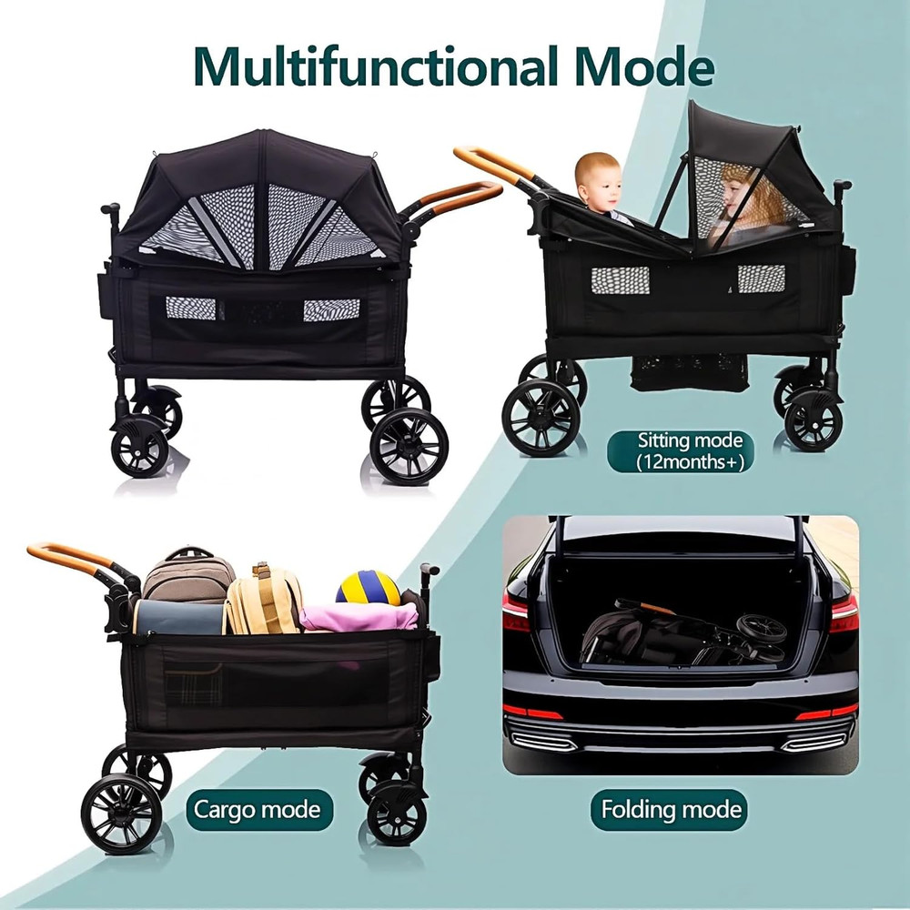 Luxury Wagon Stroller for 2 Kids & Cargo-Lightweight Foldable Travel Push Pull A