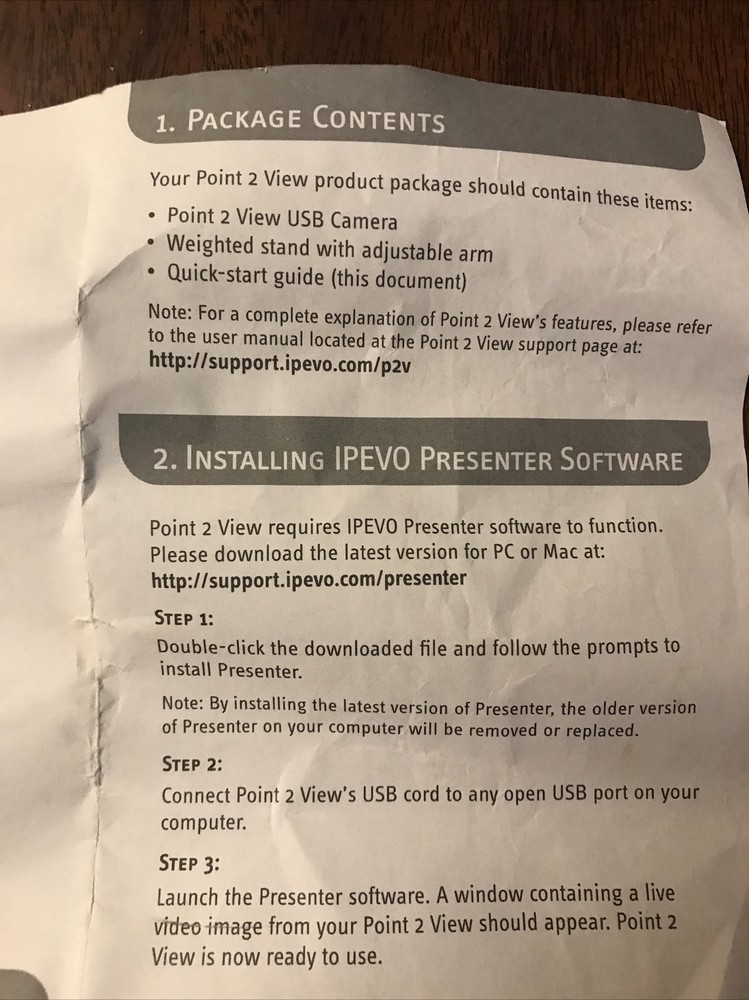 IPEVO CDVU-03IP Point 2 View USB Document Camera w/ Stand - Tested Gray White