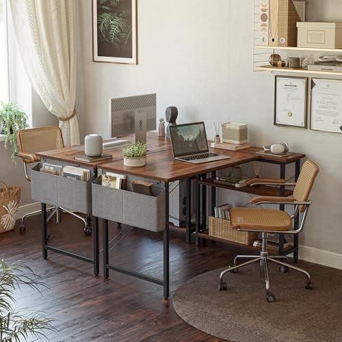 L Shaped Desk, 55" Computer Table with Reversible Storage 55 inch Brown