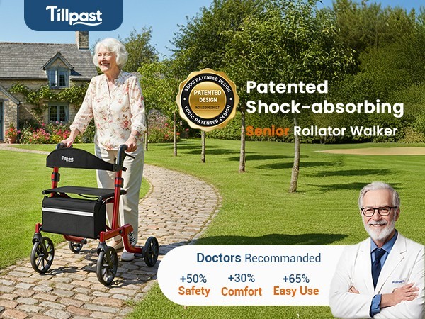 Seniors Walker Rollator Safe Foldable Adjustable Shock-Absorbing for All Terrain
