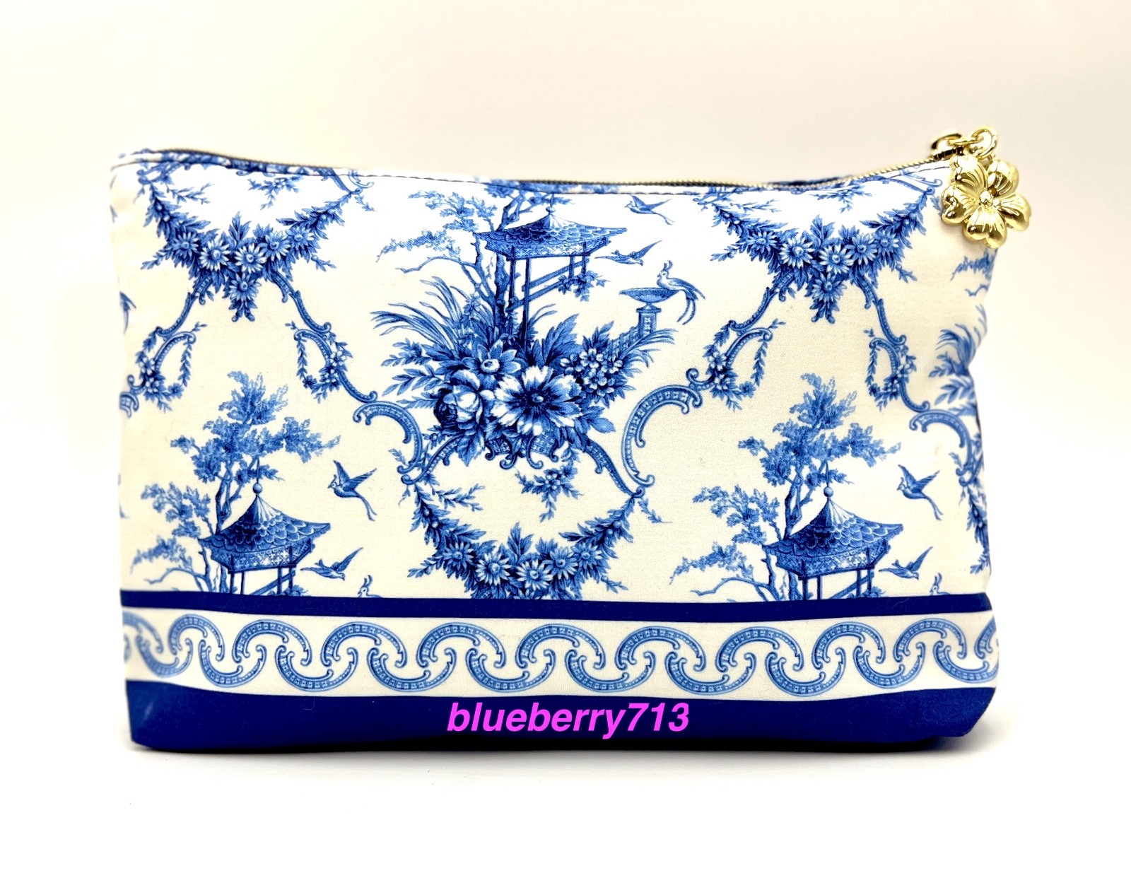 2 Bags: Estee Lauder Blue Flower , Bird Print Makeup Bag with Zipper