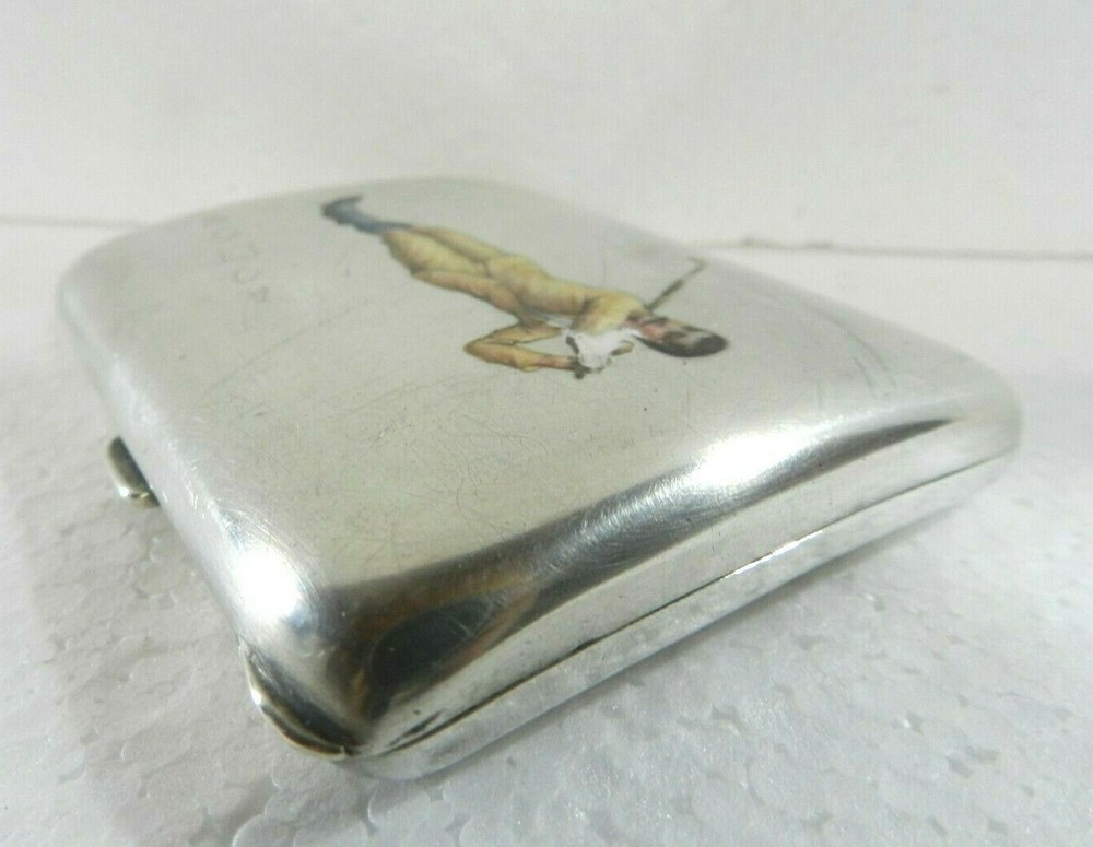 ANTIQUE CIGARRETE CASE SILVER 925 ENAMEL GOLFER GOLF