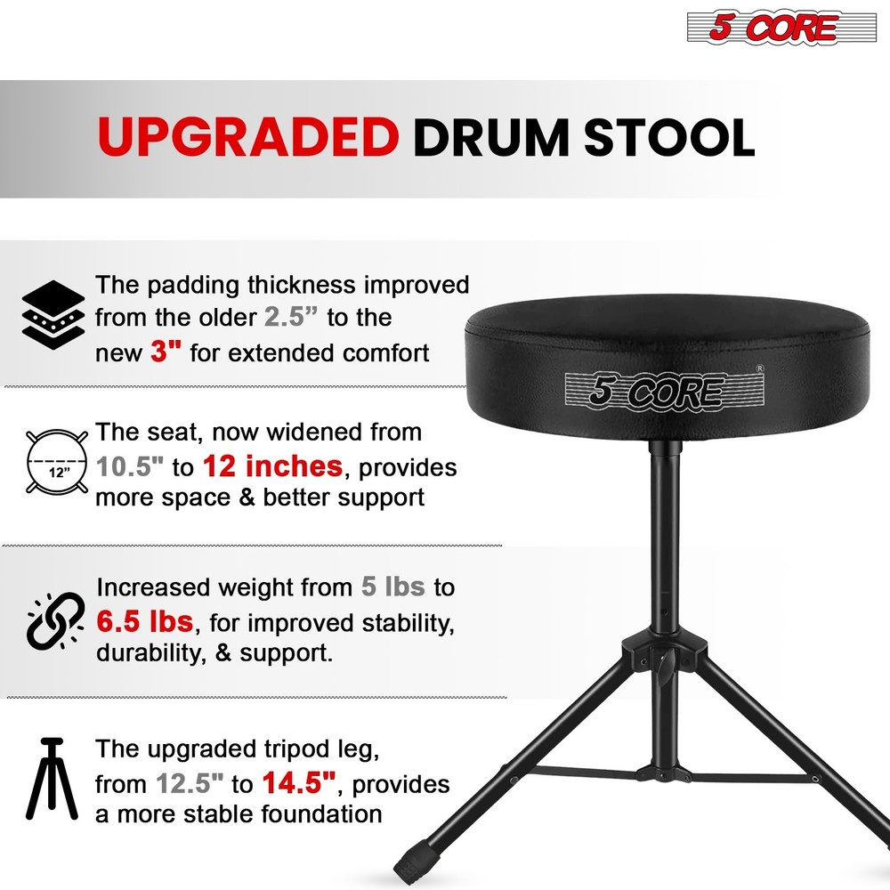 5 Core Drum Throne 3" Padded Comfortable 330Lb Capacity Drummer Stool Adjustable