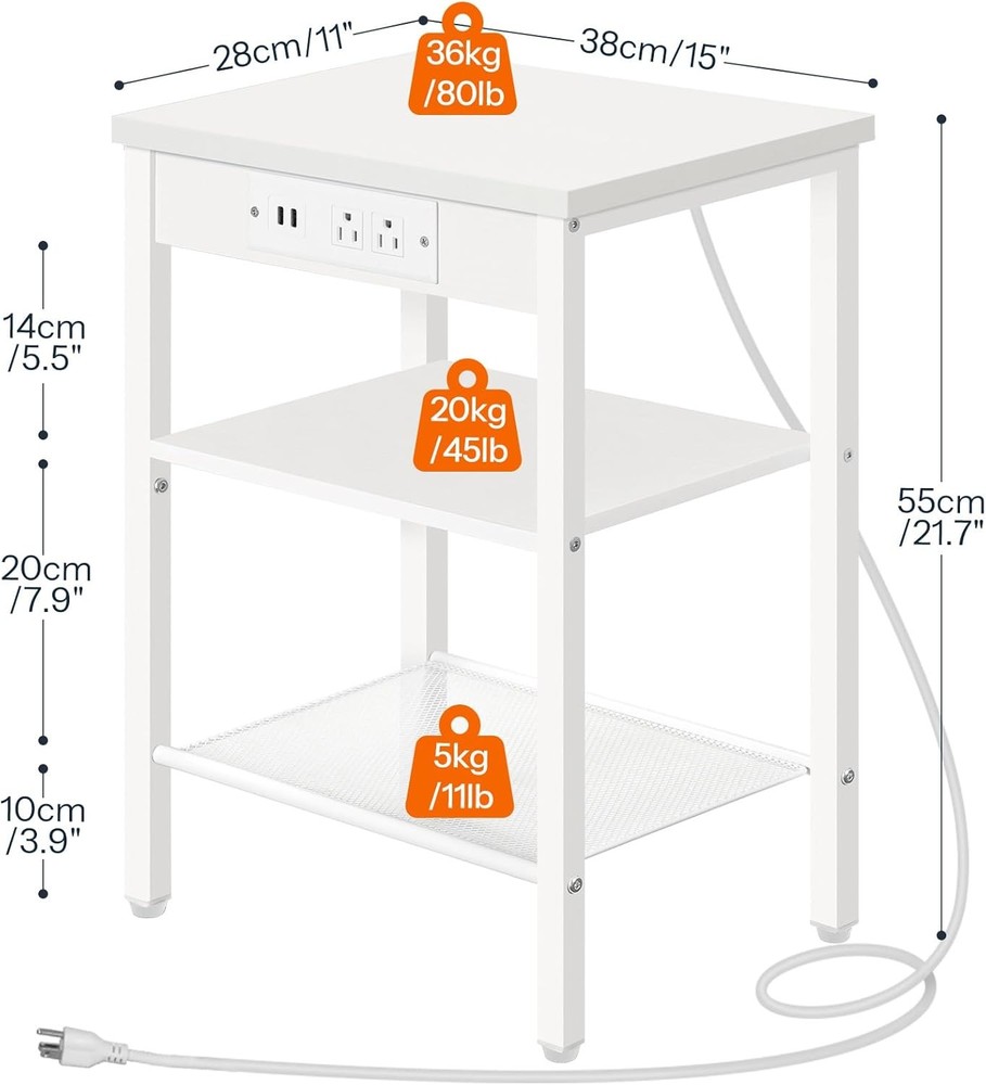 Side Table W/ Charging Station & USB Port Small End Table Small Space 3-Tier