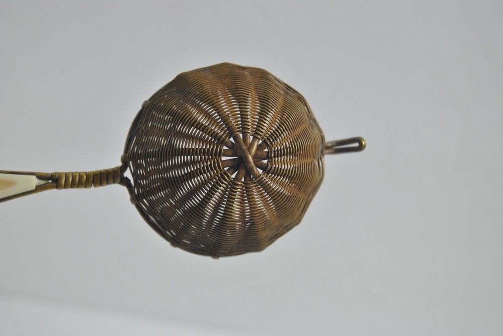 Vintage Tea Strainer Handwoven Brass White Handle Maple Leaf Design 6" by 2"