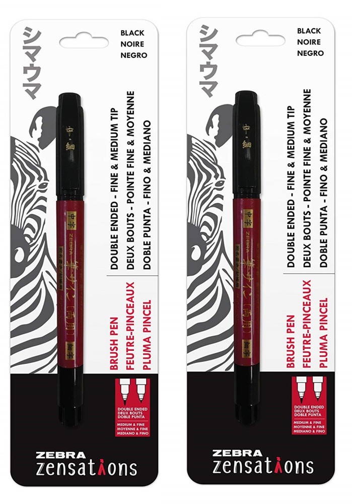 Zebra Pen Zensations Brush Pen Double Ended Medium Fine Tip Black Ink, 2 Pack