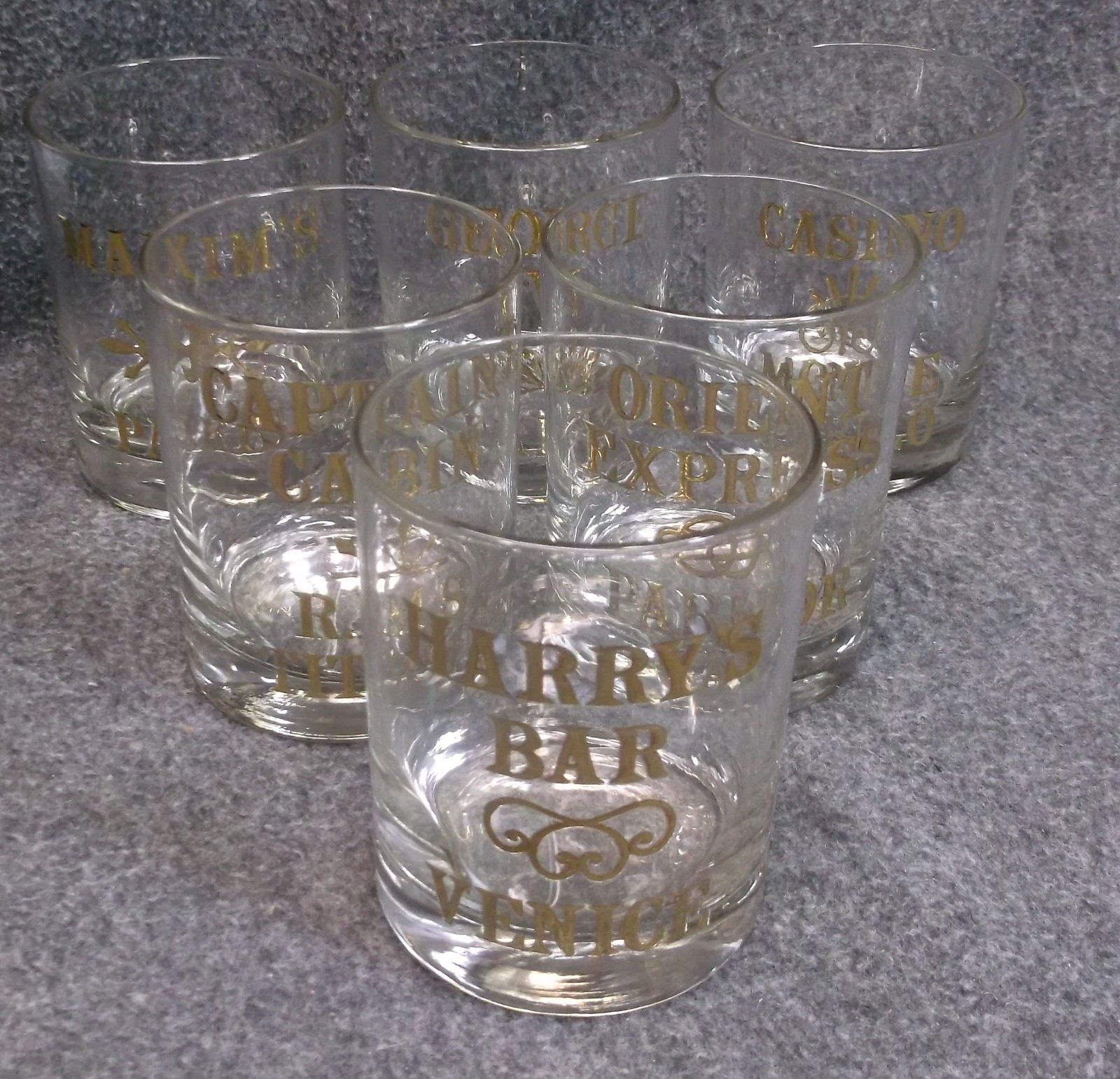 RARE VINTAGE CERA "WORLD FAMOUS BAR COLLECTION" SET OF 6 GLASSES 22K GOLD TRIM