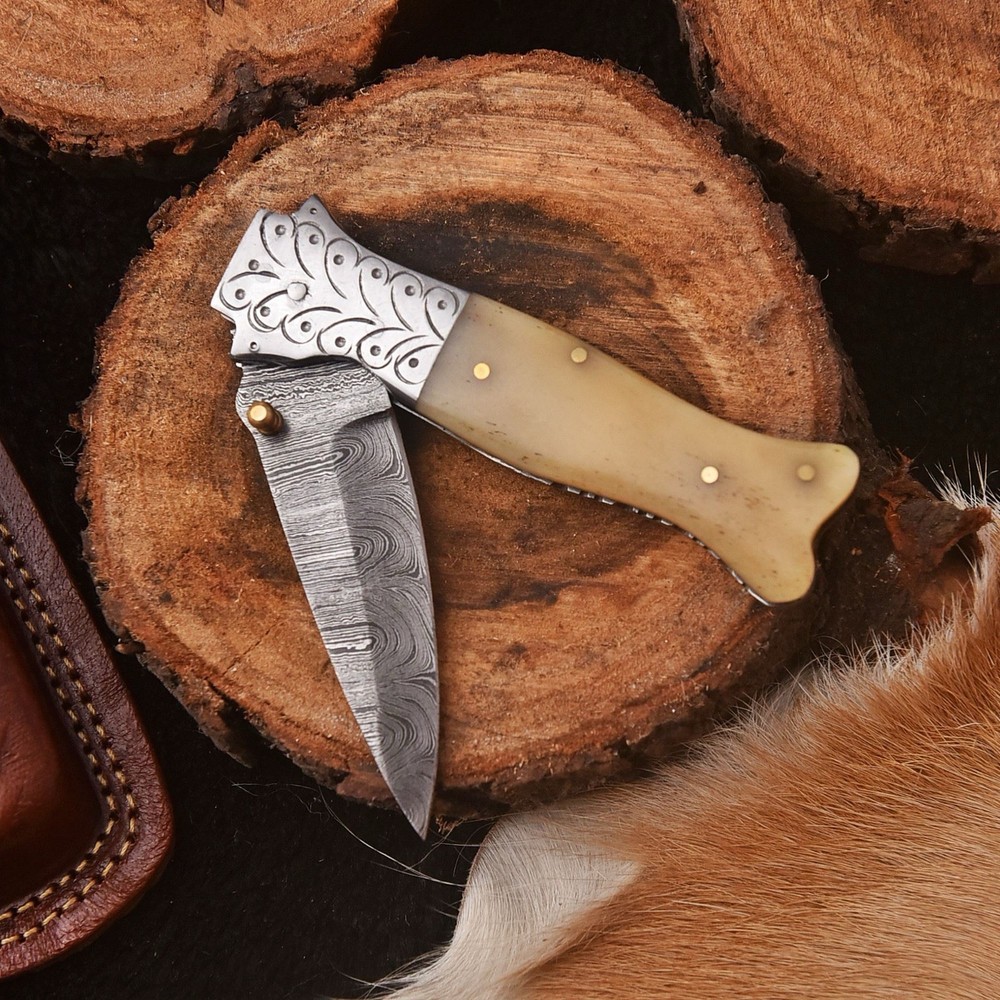EDC Handmade Folding Blade Pocket Knife Hunting Tactical - Camel Bone Handle