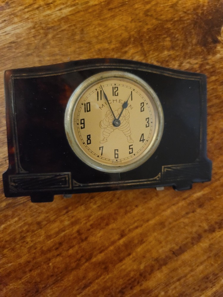 MICHELIN MAN BIBENDUM 1920 1930 MINATURE TABLE CLOCK WORKING SERVICED.