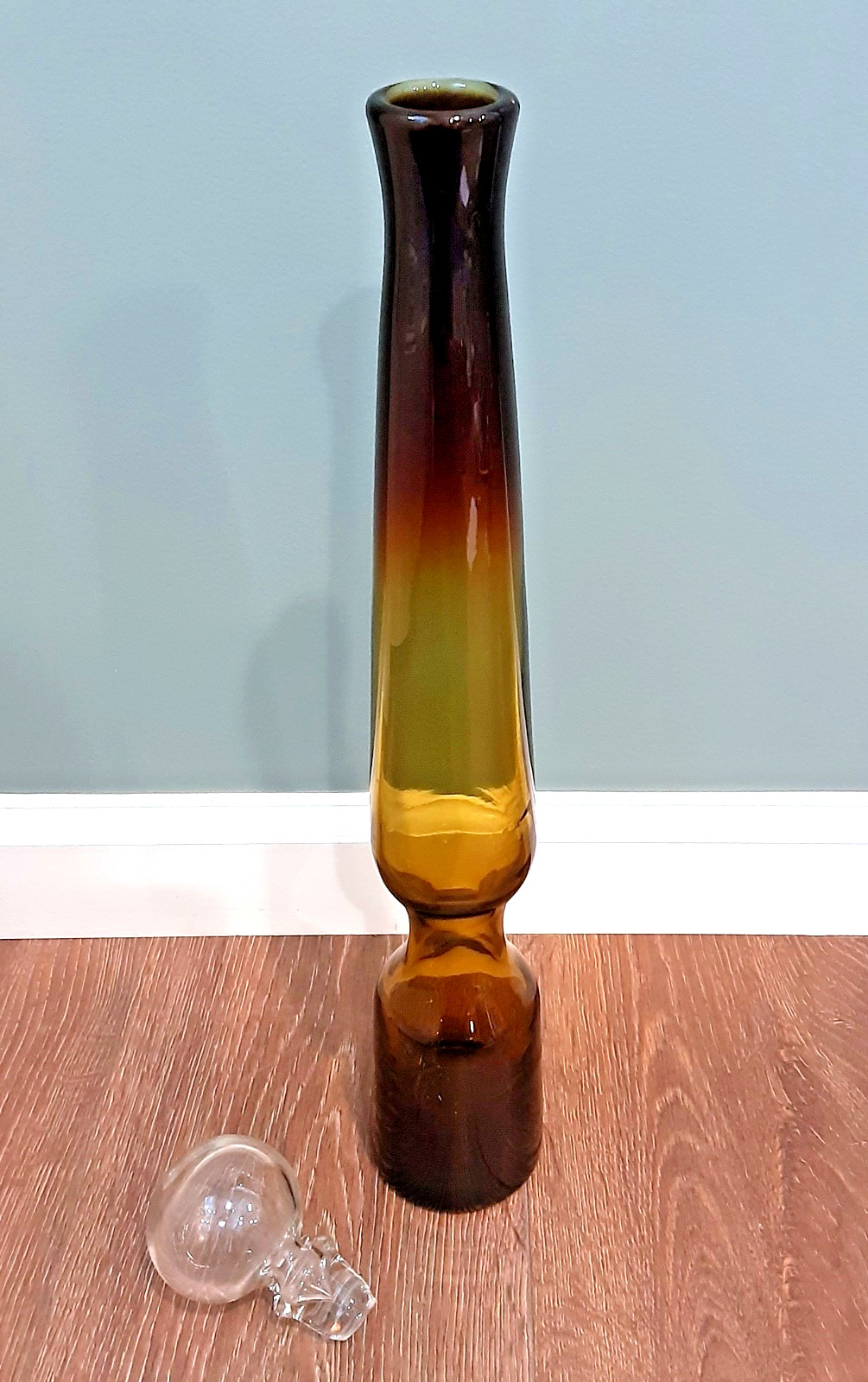 INDIANA GREENWICH Art Glass "KINGSTON" Burnt Honey BIG 20" Decanter Bottle MCM