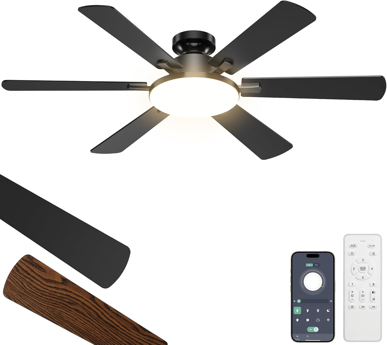 52 Inch Ceiling Fans with Lights, Upgraded 6 Blades Ceiling Fan with Light Remot