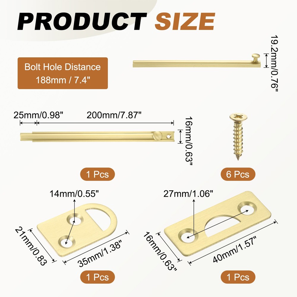 8" Solid Brass Surface Bolt, Brushed Slide Latch Door Lock, Gold Tone